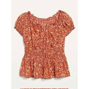 Old Navy Womens XL Puff-Sleeve Floral-Print Smocked Peplum Blouse Boho Chic